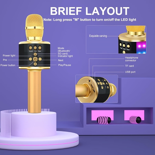 BONAOK – Microphone de karaoké sans fil Bluetooth, microphone portatif 4-en-1 avec lumières LED, lecteur de karaoké pour enfants, adultes