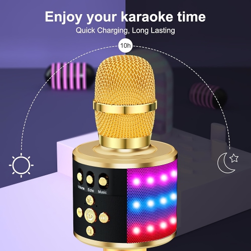 BONAOK – Microphone de karaoké sans fil Bluetooth, microphone portatif 4-en-1 avec lumières LED, lecteur de karaoké pour enfants, adultes