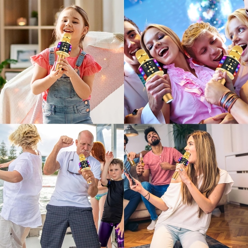BONAOK – Microphone de karaoké sans fil Bluetooth, microphone portatif 4-en-1 avec lumières LED, lecteur de karaoké pour enfants, adultes