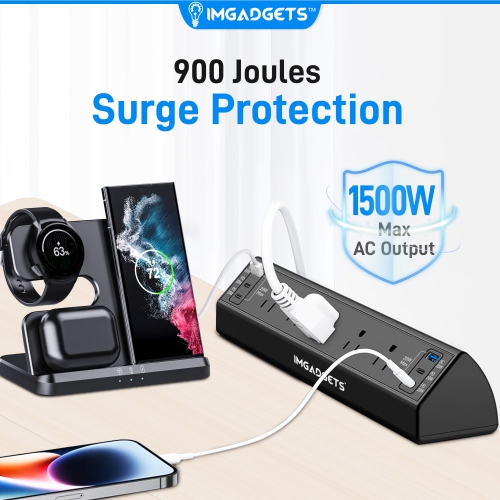 IMGadgets Desk Clamp Power Bar | 5 AC Outlets Charging Station | 20W Fast Charging | 6 USB Ports | 900J Surge Protector | 6.6ft Extension Cord | 45°