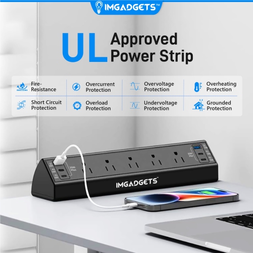 IMGadgets Desk Clamp Power Bar | 5 AC Outlets Charging Station | 20W Fast Charging | 6 USB Ports | 900J Surge Protector | 6.6ft Extension Cord | 45°