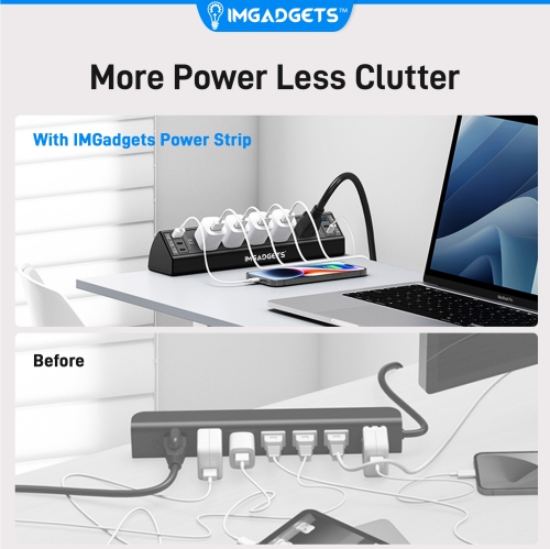 IMGadgets Desk Clamp Power Bar | 5 AC Outlets Charging Station | 20W Fast Charging | 6 USB Ports | 900J Surge Protector | 6.6ft Extension Cord | 45°