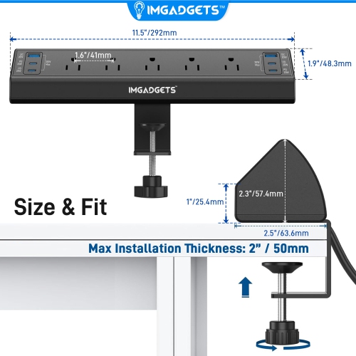IMGadgets Desk Clamp Power Bar | 5 AC Outlets Charging Station | 20W Fast Charging | 6 USB Ports | 900J Surge Protector | 6.6ft Extension Cord | 45°