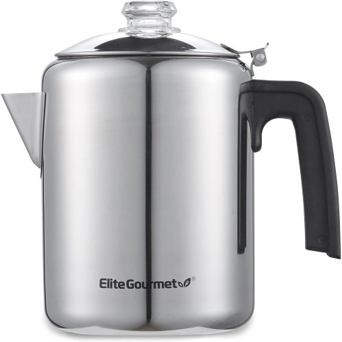 Percolateur à café Elite Gourmet pour cuisinière de 8&nbsp;tasses, acier inoxydable, poignée Cool-Touch, bouton de progression de l'infusion en verre