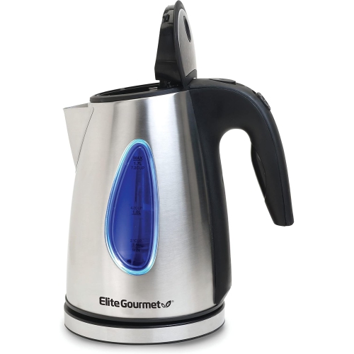 Elite Gourmet 1.7L Stainless Steel Electric Kettle, Cordless, Auto Shut-Off, Blue LED Interior, 1100W