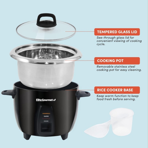 Cuiseur à riz de 10&nbsp;tasses ERC2010B d'Elite Gourmet avec récipient interne en acier inoxydable et fonction de maintien au chaud