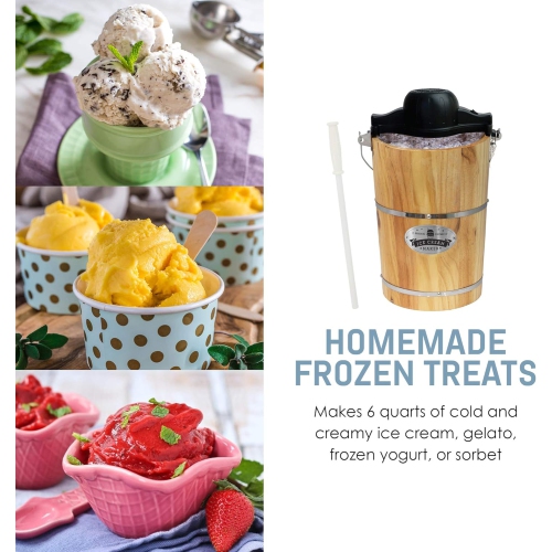 Elite Gourmet EIM916 6-Quart Old Fashioned Electric Ice Cream Maker with Manual Hand Crank and Vintage Wood Bucket