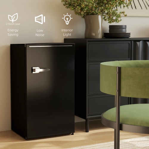 HOMCOM Mini Fridge with Chiller, 3.1 Cu. Ft Single Door Retro Compact Refrigerator with Adjustable Thermostat, 2 Glass Shelves, Interior Light for