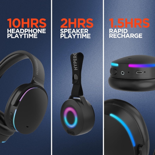 HyperGear Audio Essentials Duo – Black – 2 Pack Gift Set Bluetooth Headphone & Speaker 5W- HD Sound Vibrant LED Lights Speaker w Carry Strap