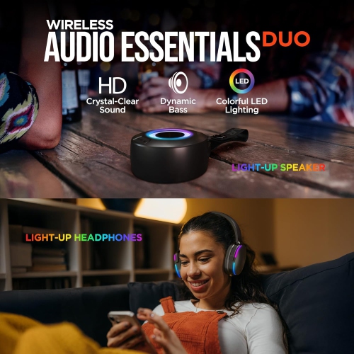 HyperGear Audio Essentials Duo – Black – 2 Pack Gift Set Bluetooth Headphone & Speaker 5W- HD Sound Vibrant LED Lights Speaker w Carry Strap