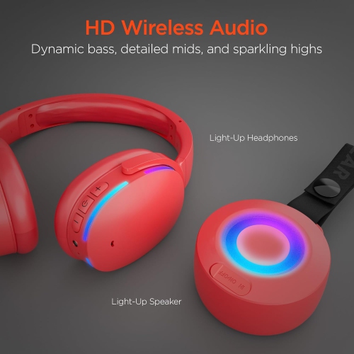 HyperGear Audio Essentials Duo – Red – 2 Pack Gift Set Bluetooth Headphone & Speaker 5W – HD Sound Vibrant LED Lights Speaker w Carry Strap