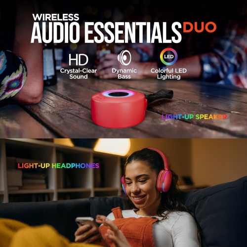 HyperGear Audio Essentials Duo – Red – 2 Pack Gift Set Bluetooth Headphone & Speaker 5W – HD Sound Vibrant LED Lights Speaker w Carry Strap