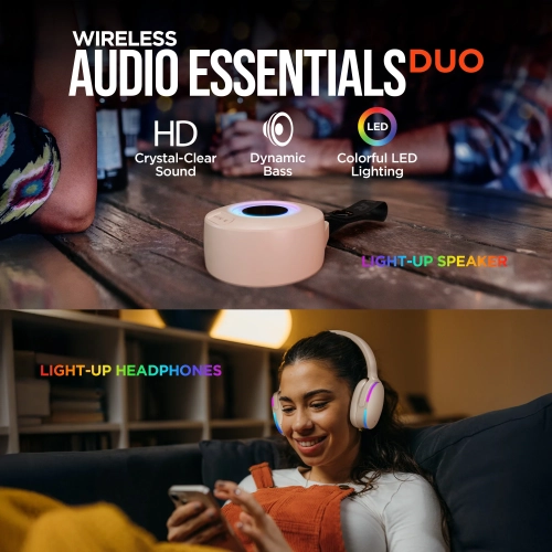 HyperGear Audio Essentials Duo – Bone – 2 Pack Gift Set Bluetooth Headphone &amp; Speaker 5W – HD Sound Vibrant LED Lights Speaker w Carry Strap