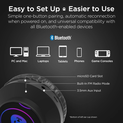 HyperGear Headphones Bluetooth Bunny Tracks Built in Mic Soft Memory Foam Ear Cushions Foldable Design 10hr Play Time – Black