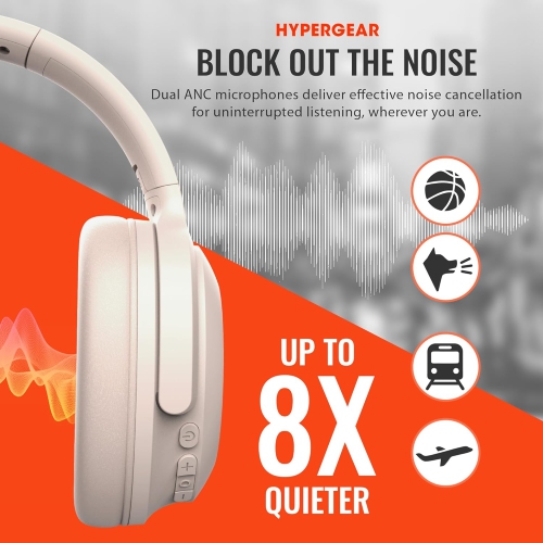 HyperGear Headphones Bluetooth Stealth 2 Active Noise Cancelling Built in Mic 18hr Play Time Over the Ear Comfort Mulitpoint Connection – Beige