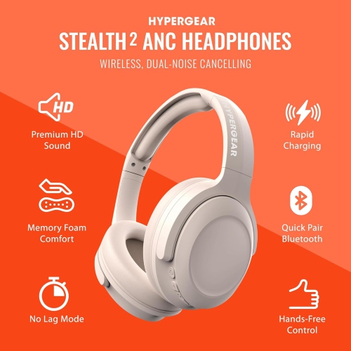 HyperGear Headphones Bluetooth Stealth 2 Active Noise Cancelling Built in Mic 18hr Play Time Over the Ear Comfort Mulitpoint Connection – Beige
