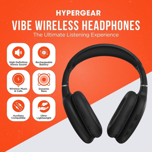 HyperGear Headphones Bluetooth Vibe Over The Ear – Noise Isolating Built in Mic & Call Controls Ultra Lightweight 10Hr Play Time Quick Charge Aux