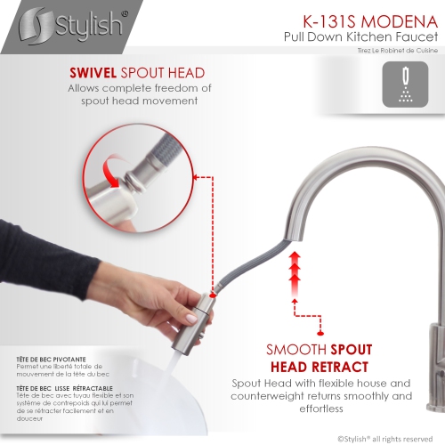 STYLISH Pull Down Kitchen Faucet + Cold Water Tap - Stainless Steel Finish