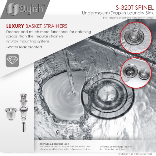 22 Inches Dual Mount Single Bowl Laundry Sink by Stylish,18 Gauge Stainless Steel,10mm Radius Corners, Premium Strainer,S-320T