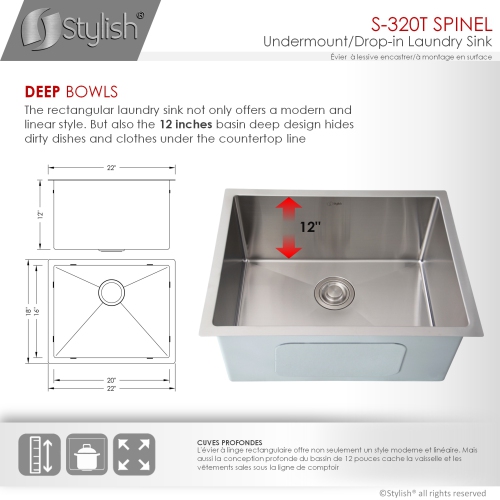 22 Inches Dual Mount Single Bowl Laundry Sink by Stylish,18 Gauge Stainless Steel,10mm Radius Corners, Premium Strainer,S-320T