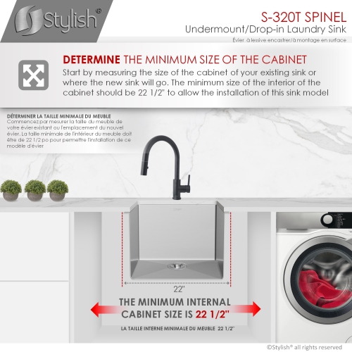 22 Inches Dual Mount Single Bowl Laundry Sink by Stylish,18 Gauge Stainless Steel,10mm Radius Corners, Premium Strainer,S-320T