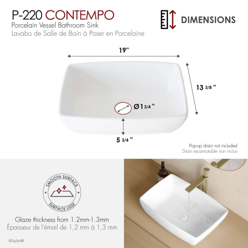 Stylish 19" Top-mount Rectangular Porcelain Vessel Bathroom Sink P-220