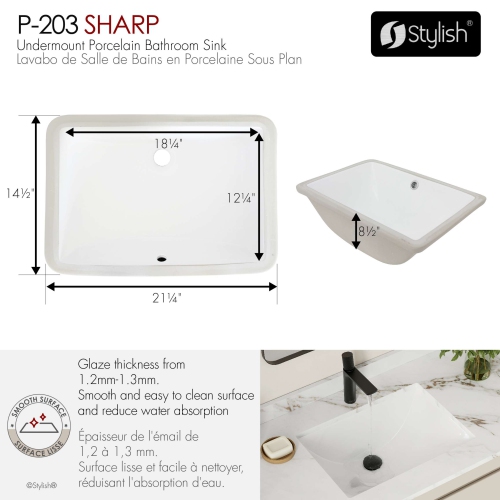 21.25"W x 14.5"D White Rectangular Undermount Bathroom Sink