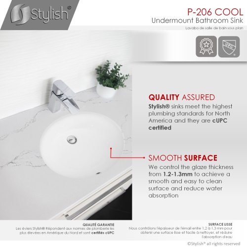STYLISH 19 inch Oval Undermount Bathroom Sink with 2 Overflow Finishes