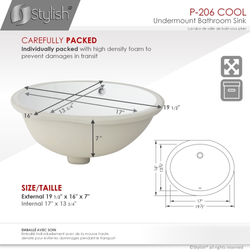 STYLISH 19 inch Oval Undermount Bathroom Sink with 2 Overflow Finishes
