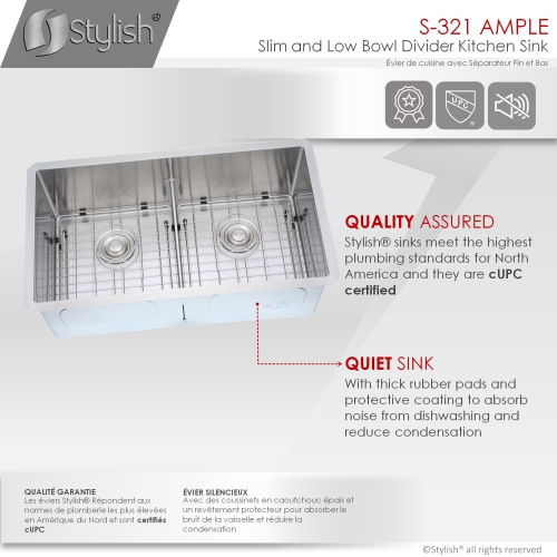 32 inches Double Bowl Slim Low Divider Kitchen Sink, 16 Gauge Stainless Steel with Grids and Basket Strainers, S-321XG