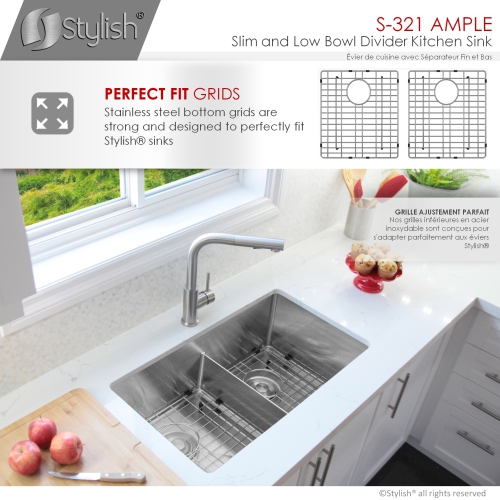 32 inches Double Bowl Slim Low Divider Kitchen Sink, 16 Gauge Stainless Steel with Grids and Basket Strainers, S-321XG