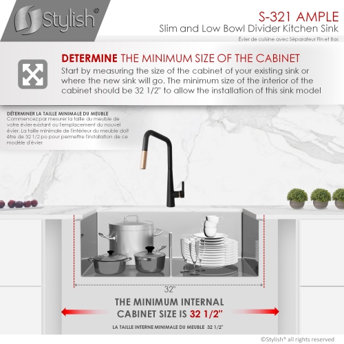 32 inches Double Bowl Slim Low Divider Kitchen Sink, 16 Gauge Stainless Steel with Grids and Basket Strainers, S-321XG