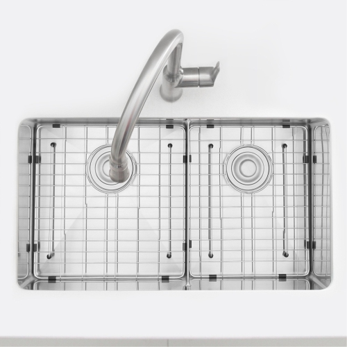 32 inches Double Bowl Slim Low Divider Kitchen Sink, 16G Stainless Steel with Grids and Basket Strainers