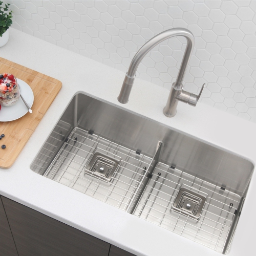33"L x 18"W Double Basin Undermount Kitchen Sink with Grids and Strainers