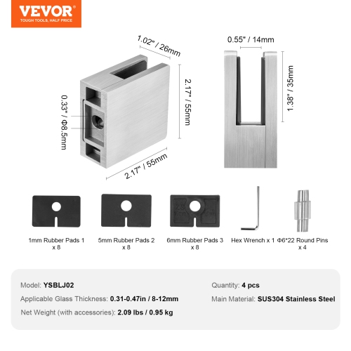 VEVOR 4 PCS Glass Clamp, Square Glass Railing Bracket for 0.31 "-0.47 " Tempered Glass, 304 Stainless Steel Glass Mounting Clamp, Glass Shelf Bracket