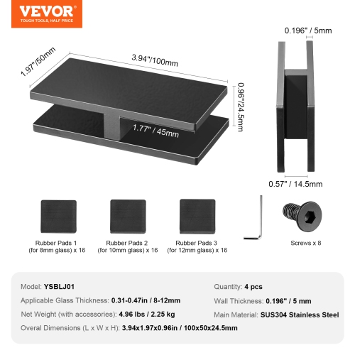 VEVOR 4 PCS Glass Clamp, Rectangle Glass Railing Bracket for 0.31 "-0.47 " Tempered Glass, 304 Stainless Steel Glass Mounting Clamp, 0.2” Thick Glass