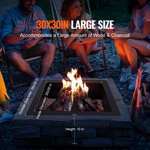 VEVOR 36x36 in Fire Pit Ring, Outer/30x30 in Inner Diameter, 10inch Height Square Fire Pit Insert, Heavy Duty Carbon Steel Liner DIY Campfire Ring