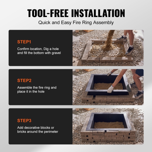 VEVOR 36x36 in Fire Pit Ring, Outer/30x30 in Inner Diameter, 10inch Height Square Fire Pit Insert, Heavy Duty Carbon Steel Liner DIY Campfire Ring