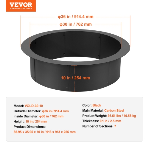 VEVOR 36-Inch Fire Pit Ring, Outer/30-Inch Inner Diameter, 10inch Height 2.5mm Thick Fire Pit Insert, Heavy Duty Carbon Steel Liner DIY Campfire Ring