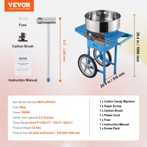 VEVOR 1000W Electric Cotton Candy Machine with Cart, Commercial Candy Floss Maker with Stainless Steel Bowl, Sugar Scoop and Drawer, Perfect for