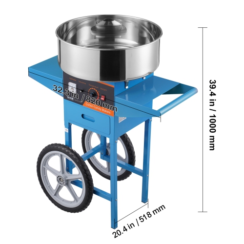 VEVOR 1000W Electric Cotton Candy Machine with Cart, Commercial Candy Floss Maker with Stainless Steel Bowl, Sugar Scoop and Drawer, Perfect for