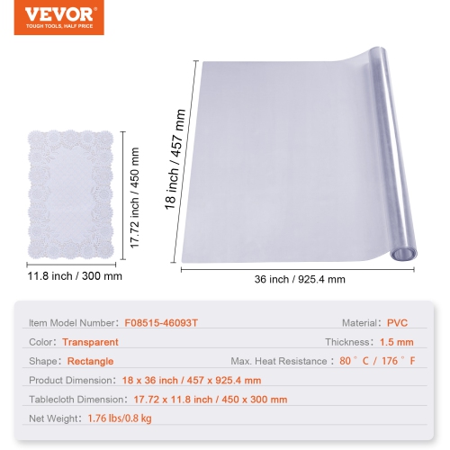 Housse de table transparente VEVOR de 18 x 36&nbsp;po, housse de table rectangulaire, nappe en plastique PVC épais 1,5&nbsp;mm, protecteur de bureau