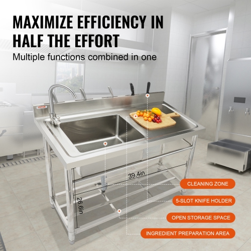 VEVOR 39.4 x 19.1 x 37.4 in Stainless Steel Utility Sink, 1 Compartment Free Standing Small Sink w/Workbench Faucet & legs, Commercial Single Bowl