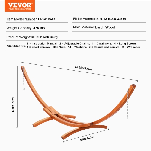 VEVOR 475 lbs Wooden Hammock Stand, Universal 2 Person Hammock Frame Fits 9-13 ft Hammocks, Larch Wood Arc Adjustable Stand for Hammock with Chain