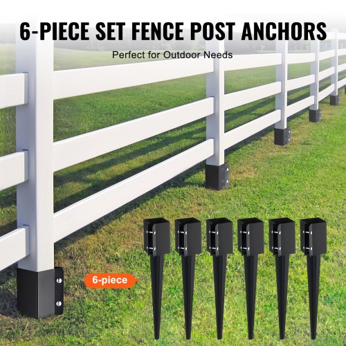 VEVOR 6 Pack Fence Post Anchor Ground Spike, 24 x 4 x 4 Inches Outer Diameter, Metal Black Powder Coated Post Stake Ground, for Mailbox Deck Garden