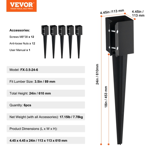 VEVOR 6 Pack Fence Post Anchor Ground Spike, 24 x 4 x 4 Inches Outer Diameter, Metal Black Powder Coated Post Stake Ground, for Mailbox Deck Garden