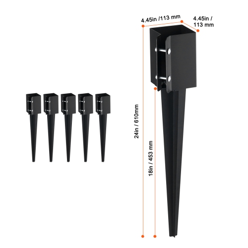 VEVOR 6 Pack Fence Post Anchor Ground Spike, 24 x 4 x 4 Inches Outer Diameter, Metal Black Powder Coated Post Stake Ground, for Mailbox Deck Garden
