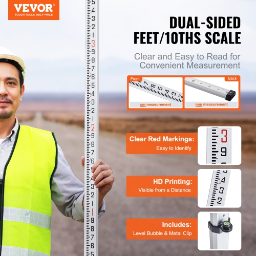 VEVOR 6-Feet/10ths Aluminum Grade Rod, 14 Sections Telescopic Measuring Rod,Double-Sided Scale 1/10ft Leveling Rod Stick,Aluminum Alloy Survey Rod w/