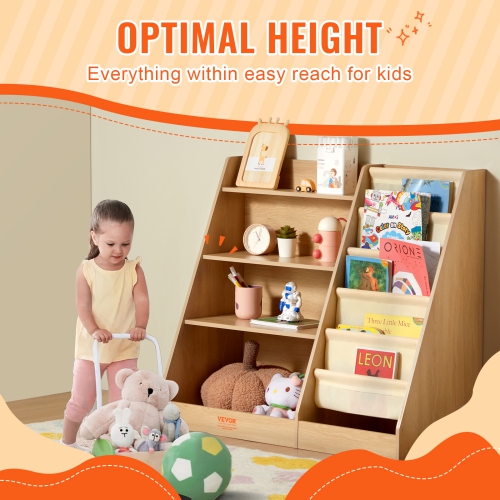 VEVOR 4-Tier Kids Wooden Bookshelf, Six-Layer Sling Bookcase, Baby Storage Book Rack, Book Toy Organizer Cabinet, for Kids Room, Playroom,