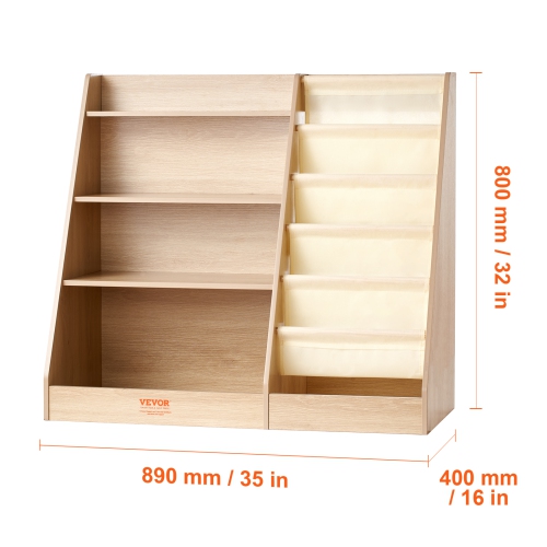 VEVOR 4-Tier Kids Wooden Bookshelf, Six-Layer Sling Bookcase, Baby Storage Book Rack, Book Toy Organizer Cabinet, for Kids Room, Playroom,